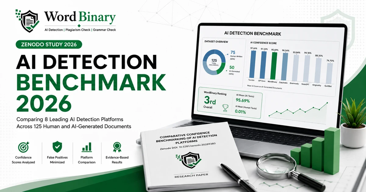 Featured image for an AI Detection Benchmark 2026 article showing WordBinary research branding, a Zenodo study theme, AI detector confidence analysis, and academic document review.
