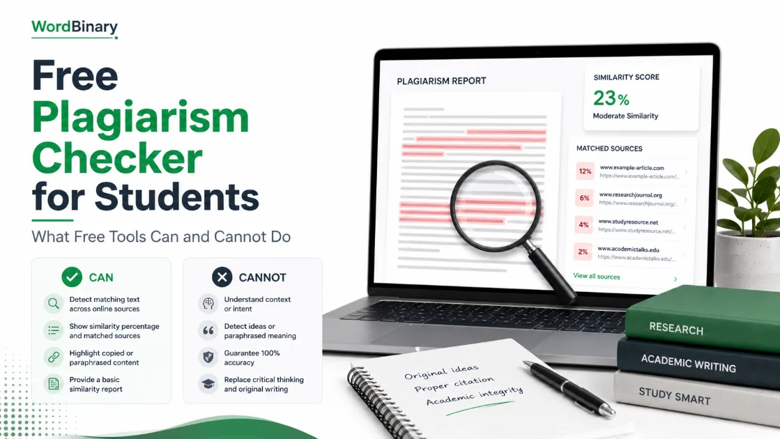 Free plagiarism checker for students showing a laptop with a similarity report, matched sources and highlighted text