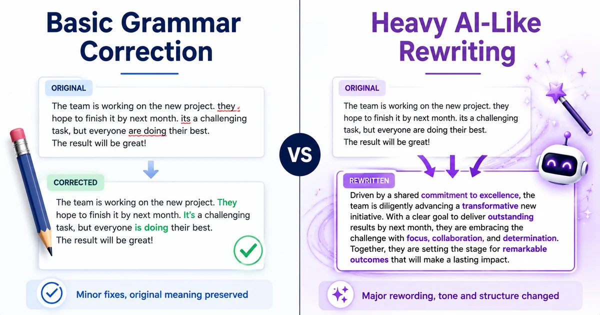 Basic grammar correction compared with heavy AI-like rewriting for students using grammar checkers