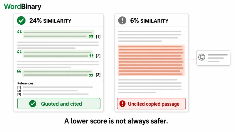 Similarity Score vs Plagiarism Risk High similarity score with cited quotations compared with low similarity containing an uncited copied passage