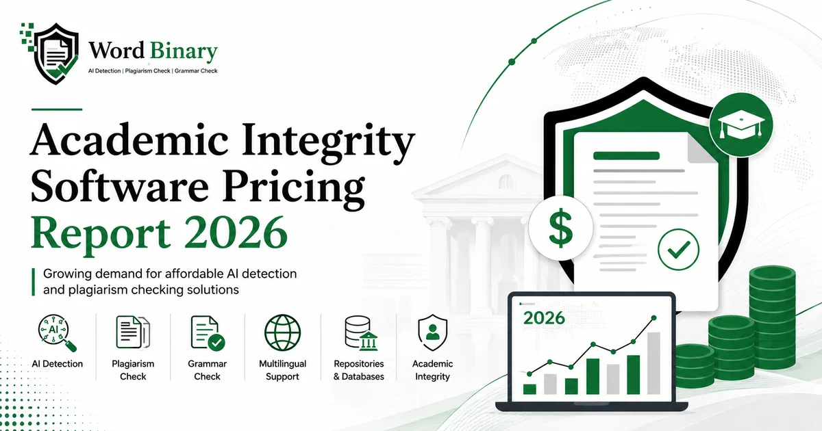 WordBinary featured image for Academic Integrity Software Pricing Report 2026 covering affordable AI detection, plagiarism checking, grammar check, multilingual support, and repositories.