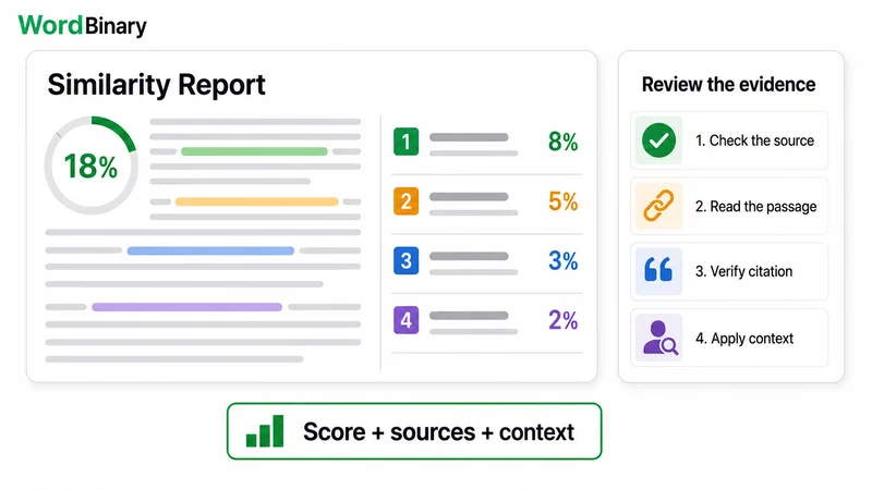 How to Review a Similarity Report Similarity report showing matched passages, source percentages, citations and contextual review steps