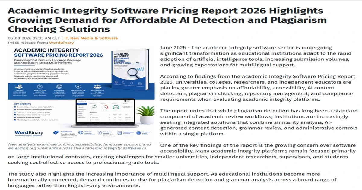 Screenshot of WordBinary press release on openPR about the Academic Integrity Software Pricing Report 2026 and demand for affordable AI detection and plagiarism checking solutions.