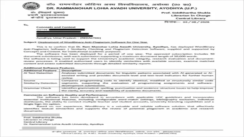 WordBinary Deployment Confirmation from Dr. Rammanohar Lohia Avadh University Redacted confirmation letter for WordBinary deployment at Dr. Rammanohar Lohia Avadh University
