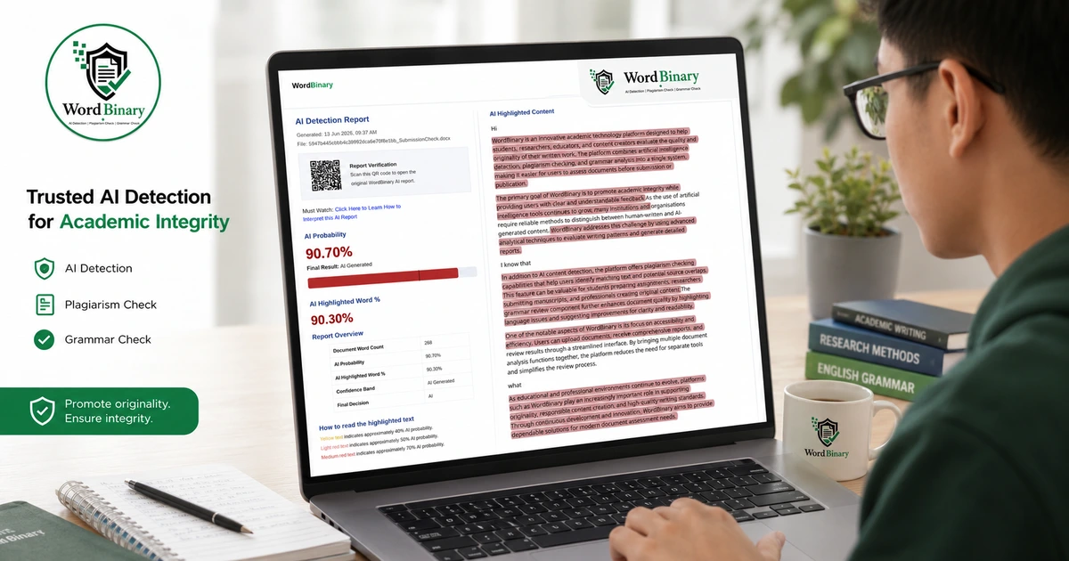 Student reviewing a PDF AI detection report on a laptop with highlighted text sections