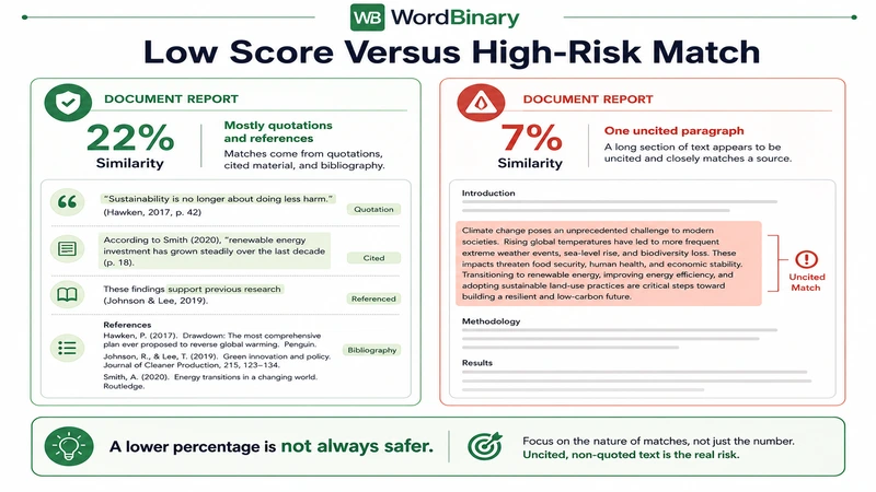Low Similarity Score Versus High-Risk Match Comparison of a 22 percent similarity score from cited quotations and a 7 percent score containing an uncited paragraph