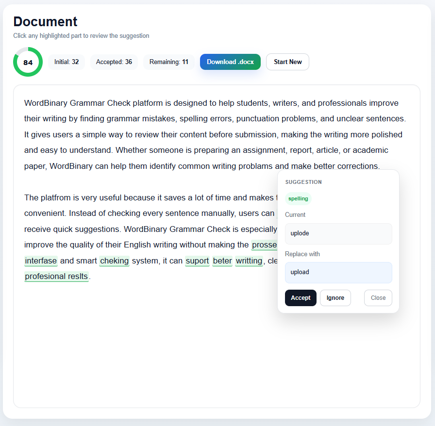 WordBinary grammar checker showing a document and an individual correction suggestion