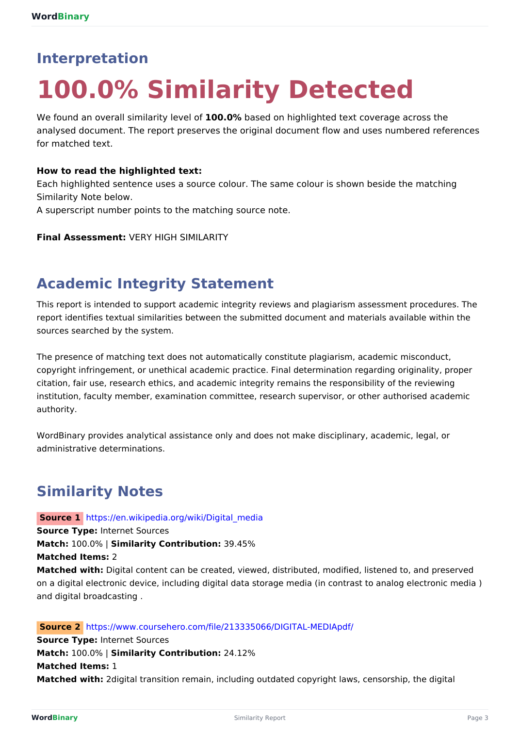 WordBinary plagiarism similarity report showing source notes and similarity contribution